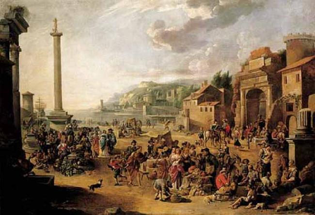 GRAFF, Anton A market in an Italianate harbour with Diogenes in search of an honest man Germany oil painting art